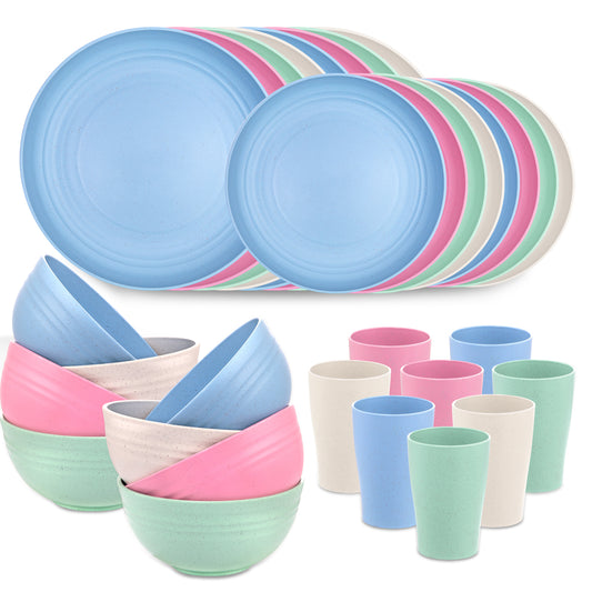 Wheat Straw Dinnerware, Microwave Dishwasher Safe, Unbreakable Light Weight Plates Service For 8, Reusable Tableware Set, Multicolor Set 16pcs Plates, 8pcs Bowls, 8pcs Cups