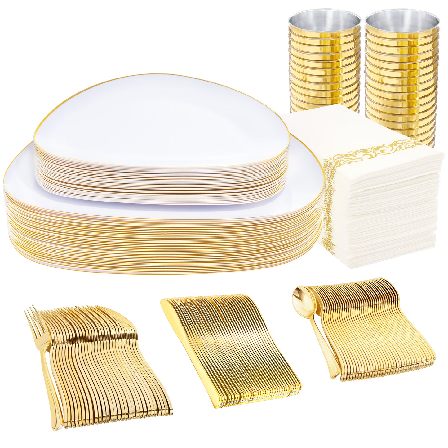 210pcs White and Gold Plates,Gold Plastic Dinnerware- Gold dinner plates,Plastic dessert plates,Gold Plastic Silverware,Gold Plastic Cups,Gold Napkins Perfect for Birthday