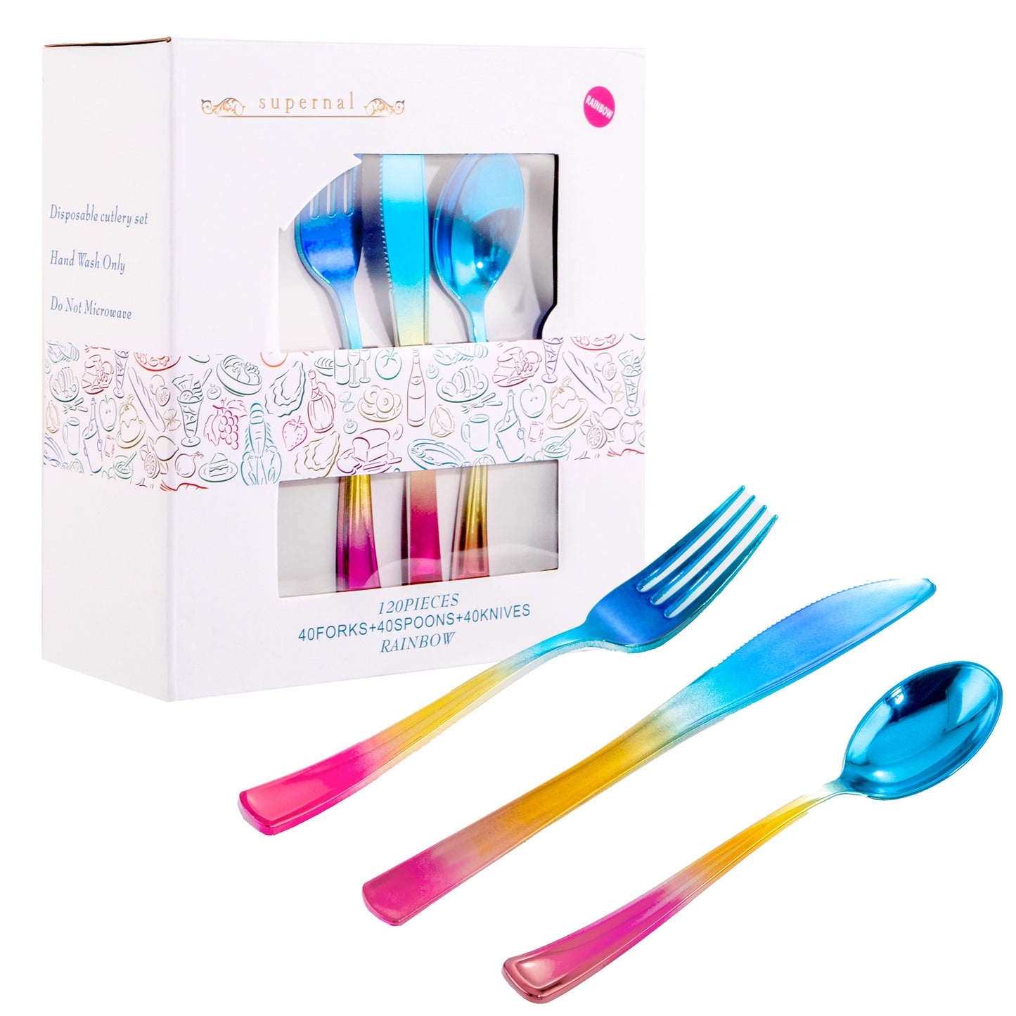 120pcs Rainbow Silverware Set,Rainbow Plastic Silverware,Rainbow Plastic Cutlery,Colorful Silverware Set,Rainbow Utensils,Rainbow Flatware,40 Forks,40 Knives and 40 Spoons for Trolls Party