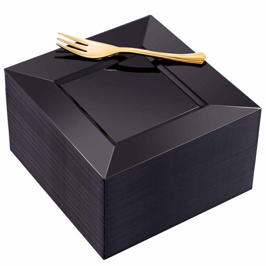100pcs Black Square Plastic Dessert Plates with 100pcs Gold Dessert Forks,Black Appetizer Salad Square Plates,Elegant Square Black Salad Plates,Square Cake Plates for Party,Afternoon Tea