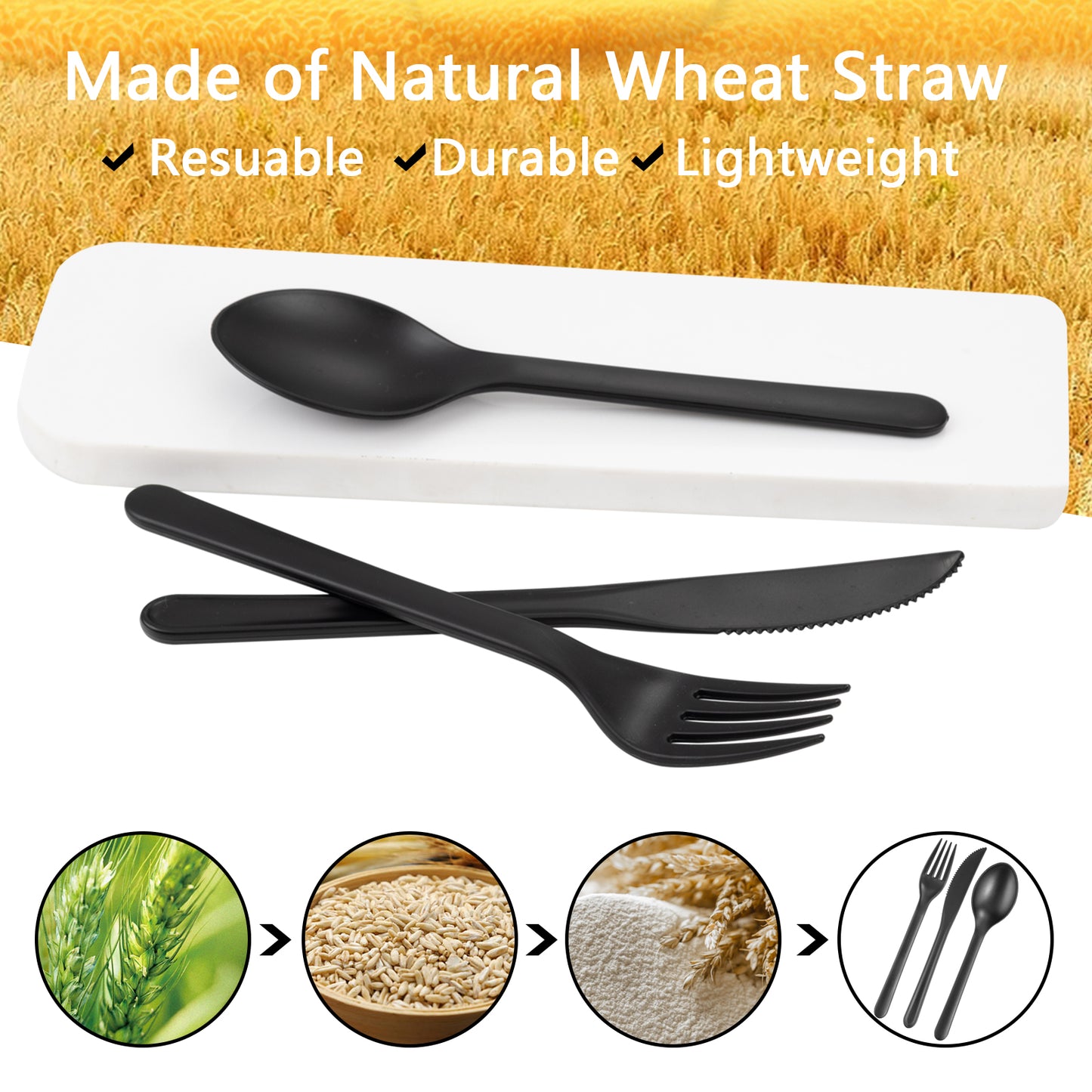 180pcs Plastic Silverware Heavy Duty Matt Black Silverware Set Plastic Reusable Wheat Straw Cutlery Set Wheat Straw Reusable Spoon Knife Forks Set Tableware Dishwasher Microwave Safe