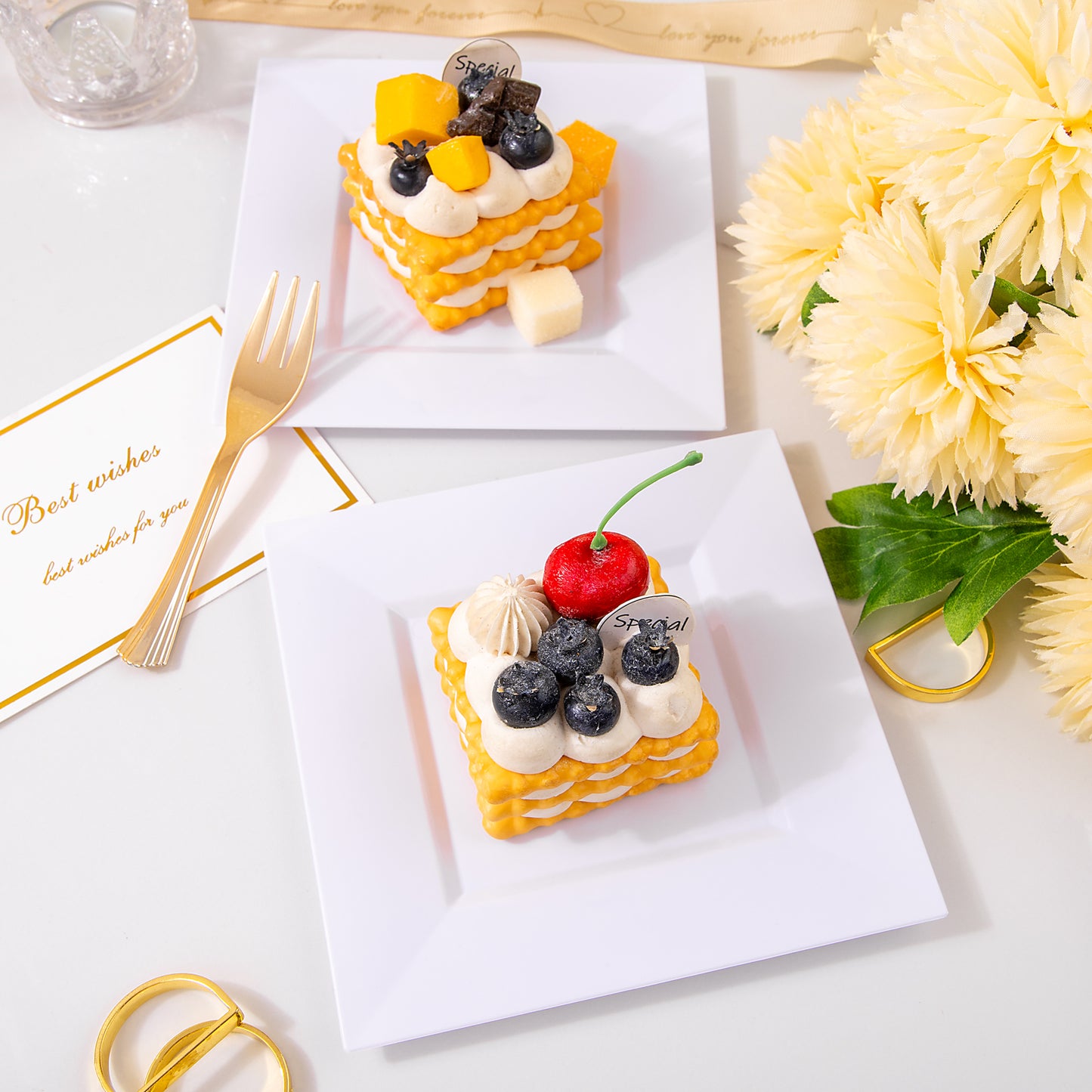 White Dessert Plates 6" with Gold Plastic Forks 5.7",White Plastic Square Plates for 100 Guests,Fancy Gold Plates, Including 100 6" Plastic Plates and 100 5.7" Plastic Forks