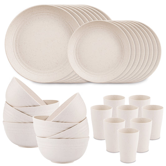 Wheat Straw Dinnerware Sets for 8,Microwave Dishwasher Safe,Unbreakable Dinnerware,Reusable Tableware Set,Beige Set 16pcs Plates, 8pcs Bowls, 8pcs Cups.