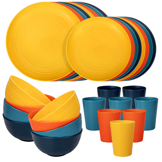 32pcs Wheat Straw Dinnerware Sets,Plastic Plates and Bowls Sets for 8,Unbreakable Plates and Bowls Sets Dishwasher Safe Microwave Safe Fun Colors Perfect for Cooking Family Camping Picnics