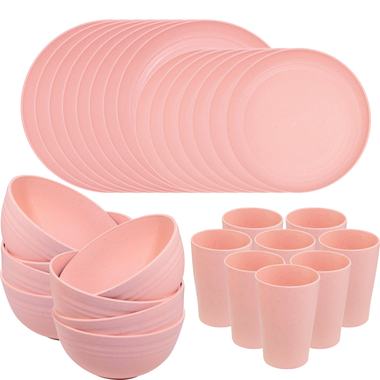 Pink Wheat Straw Dinnerware Sets, Pink Dishes for 8, Plates and Bowls Sets, Reusable Plastic Plates, Microwave Dishwasher Safe Plates, Pink Plastic Dinnerware Set, Pink Plastic Plates