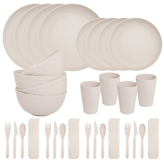 28pcs Wheat Straw Dinnerware Set for 4,Wheat Straw Plates and Bowls Set,Light Weight Dinnerware Reusable Dishwasher Microwave Safe,Deep Plastic Plates,Cereal Bowls,Cups and Utensils Sets