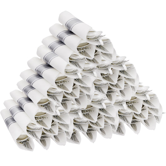 60 Pack Pre-Rolled Napkins with Silver Plastic Utensils,Heavy Duty Wrapped Cutlery,Silver Plastic Silverware, Forks and Spoons,Premium Disposable Plastic Silverware Sets for Any Occasion.