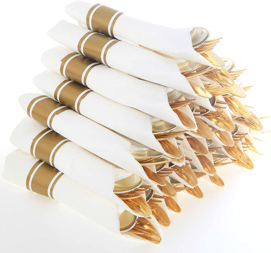 Set of 30pack, Pre Rolled Napkin with Gold Plastic Silverware, Disposable Gold Silverware with Linen Napkin, Heavy Weight, Wrapped Plastic Silverware Suit for Wedding, Catering Event, Party