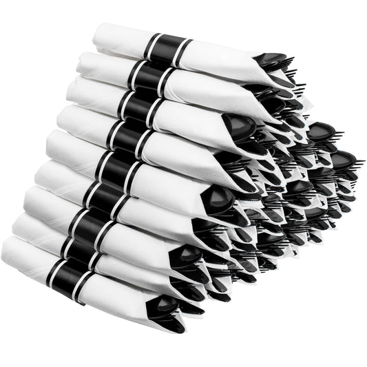 60 Pack Black Plastic Silverware,Rolled Plastic Silverware,Pre Wrapped Black Silverware,Heavy Duty Plastic Cutlery,Plastic Forks and Spoons,Rolled Cutlery with Napkins,Pre Wrapped Cutlery