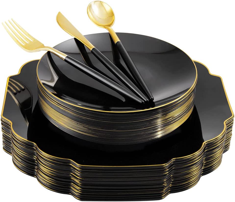 150pcs Gold Plastic Dinnerware Set, Halloween Black Plastic Plates,Gold Plastic Silverware,Black and Gold Cutlery,include 30 Dinner Plates,30 Dessert Plates,30 Forks,30 Knives,30 Spoons
