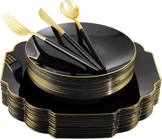 150pcs Gold Plastic Dinnerware Set, Halloween Black Plastic Plates,Gold Plastic Silverware,Black and Gold Cutlery,include 30 Dinner Plates,30 Dessert Plates,30 Forks,30 Knives,30 Spoons