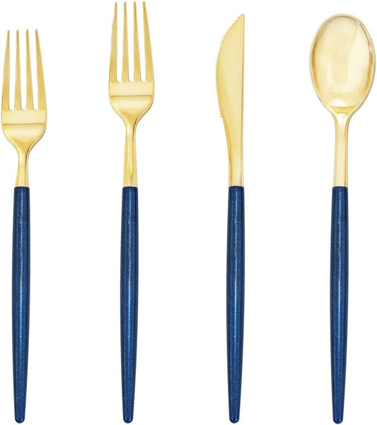 180 Pieces Gold Plastic Cutlery,Gold Flatware with Blue Glitter Handle,Disposable Gold and Blue Cutlery,Suitable for Party,Birthday,Wedding