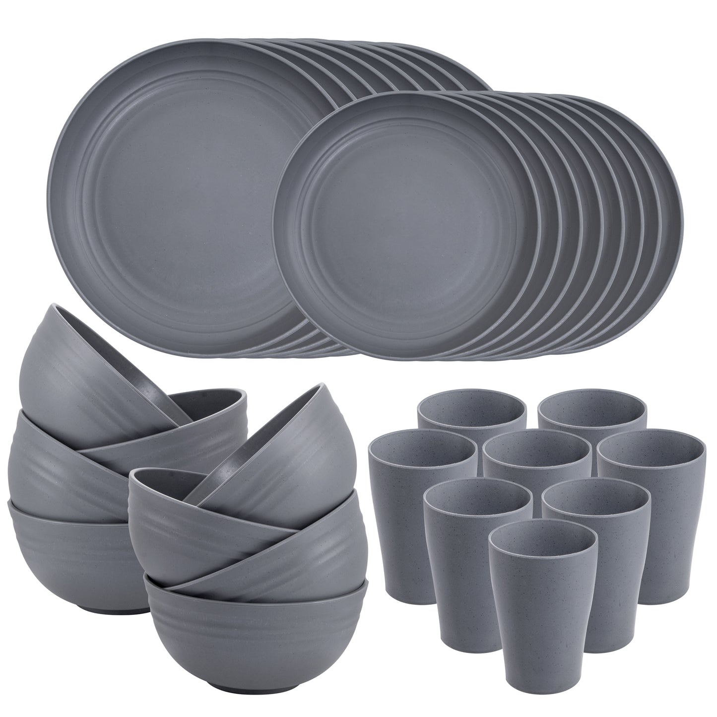 32pcs Wheat Straw Dinnerware Sets,Unbreakable Dinnerware Sets for 8,Reusable Tableware,Straw Tableware,Dark Grey Set 16pcs Plates, 8pcs Bowls, 8pcs Cups
