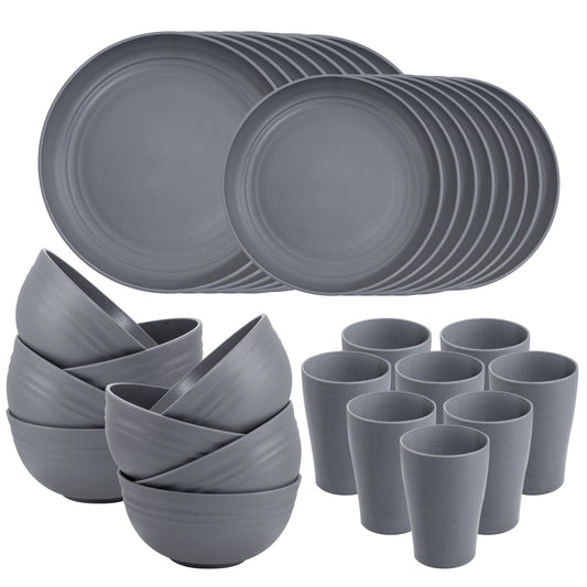 32pcs Wheat Straw Dinnerware Sets,Unbreakable Dinnerware Sets for 8,Reusable Tableware,Straw Tableware,Dark Grey Set 16pcs Plates, 8pcs Bowls, 8pcs Cups