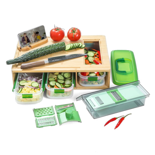Cutting Board with Containers,Bamboo Cutting Board Set with Stackable,Smart Cutting Board,Large Chopping Boards Set,Storage Box with Lid,Graters, Easy To Clean Kitchen Prep Station