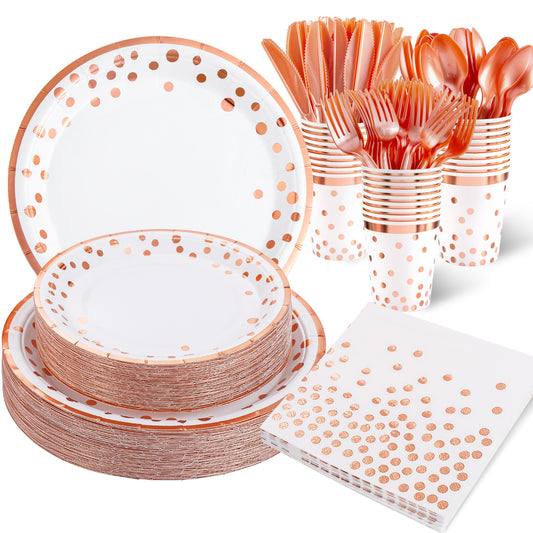 350pcs Rose Gold Plates and Napkins Party Supplies,Happy Birthday Plates and Napkins,Rose Gold Paper Plates,Napkins,Cups,Rose Gold Plastic Forks,Knives,Spoons for Womens Birthday Decorations