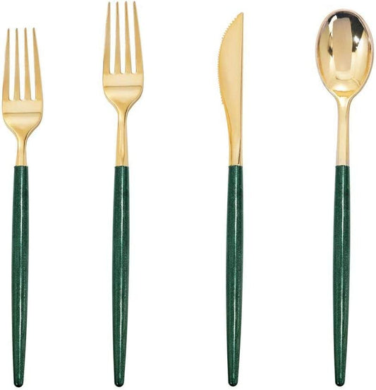 180pcs Gold Plastic Silverware,Green Plastic Cutlery,Gold Cutlery Plastic with Green Glitter Handle,Include 45 Knives,45 Dinner Forks,45 Dessert Forks,45 Spoons,Suit for Party,Birthday