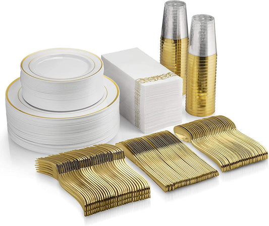 400pcs Gold Plastic Dinnerware Set Disposable Plates For Party Wedding Heavy Duty Gold Plastic Plates Gold Plastic Silverware,Gold Napkins,Suit for Thanksgiving Christmas