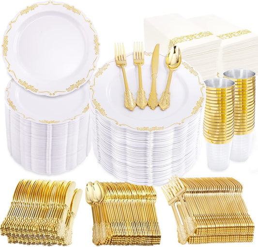 800pcs Gold Dinnerware Set,100pcs 10.25" Gold Rim Dinner Plates,100pcs 7.5" Gold Dessert Plates,400 Gold Plastic Silverware,100 Gold Cups,100 Gold Napkins,100 Guest Dinnerware