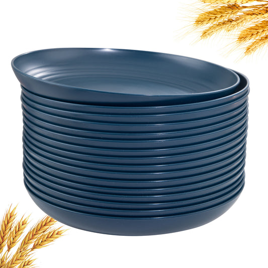 16pcs Dark Blue Wheat Straw Plates,Deep Dinner Plates Set,Premium Reusable Plastic Plates,Unbreakable Party Plates,Dishwasher & Microwave Safe for Camping, Picnic