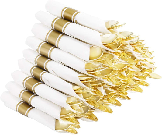 60 Pack Pre Rolled Napkins with Gold Plastic Silverware, Premium Disposable Gold Wrapped Cutlery Set Includes: 60 Forks 60 Knives 60 Spoons 60 Napkin for Party