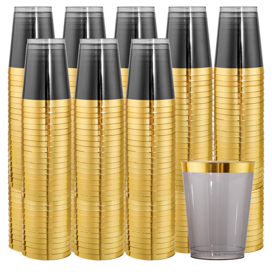 100pcs Gold and Black Plastic Cups 10oz Gold Rimmed Plastic Cups Elegant Black Party Plastic Cups Heavy Duty Plastic Cups Fancy Wedding Cups Drinking Tumblers for Family Gatherings,Parties