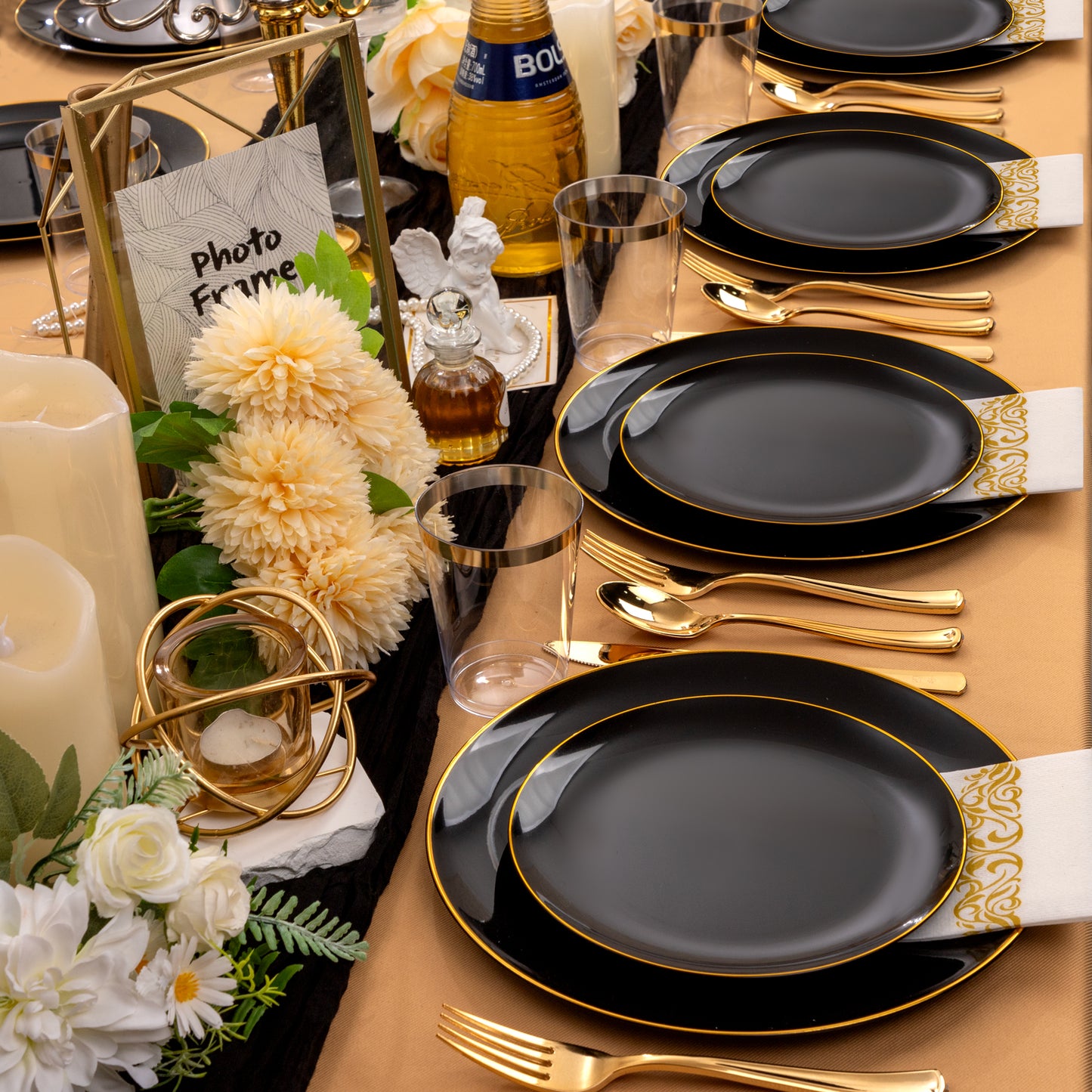 350pcs Black and Gold Plastic Dinnerware Set,Black Plastic Plates with Gold Rim,Black and Gold Plastic Plates,Gold Plastic Silverware,Gold Cups,Great for Birthday,Party,Wedding