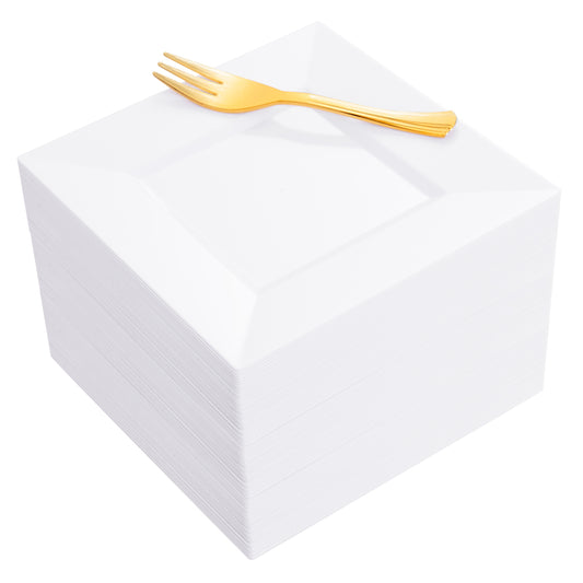 200Pcs White Dessert Plates 6" with Gold Plastic Forks 5.7",White Plastic Square Plates for 100 Guests,Fancy Gold Plates, Including 100 6" Plastic Plates and 100 5.7" Plastic Forks