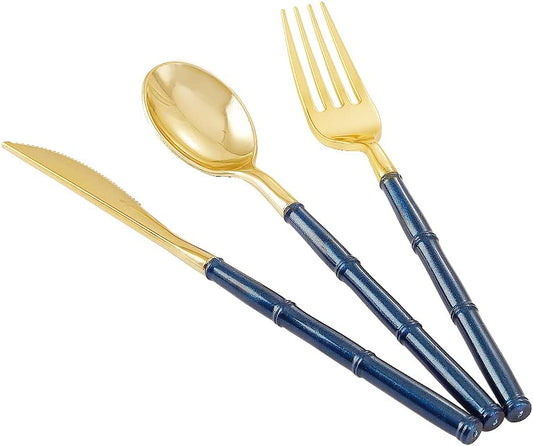 180 Pieces Gold Plastic Silverware,Gold Plastic Cutlery with Blue Glitter Bamboo Handle,Elegant Plastic durable Cutlery,60 Gold Knives,60 Gold Forks,60 Gold Spoons