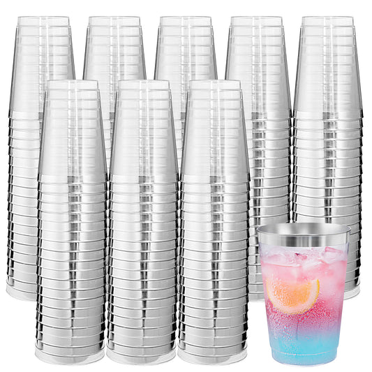 200pcs Silver Plastic Cups,12oz Clear Plastic Cups Tumblers,Silver Rimmed Cups,Elegant Party Cups,Premium Silver Disposable Cups,clear party cups,Plastic Wine Glasses,Plastic Cups for Party