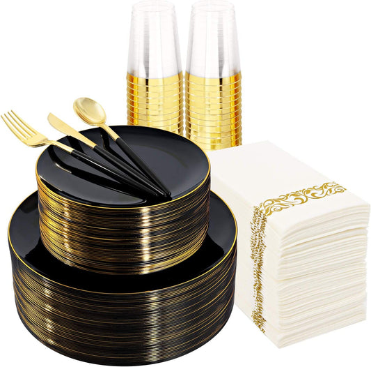 350pcs Black Plastic Dinnerware Set,Black Plastic Plates with Gold Rim,Black and Gold Plastic Plates,Gold Plastic Silverware,Wedding Party Plates,Plastic Cups with Gold Rim for Halloween