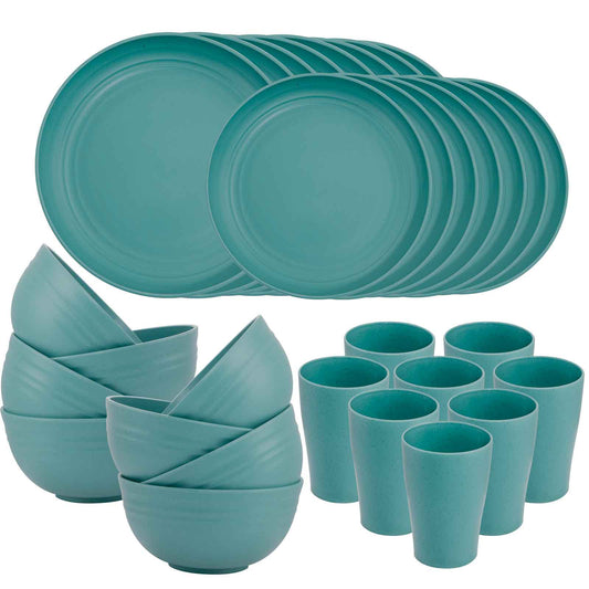 32pcs Wheat Straw Dinnerware Sets,Dinnerware Sets for 8,Unbreakable Dinnerware,Reusable Tableware,Dark Green Set 16pcs Plates, 8pcs Bowls, 8pcs Cups,Microwave Dishwasher Safe