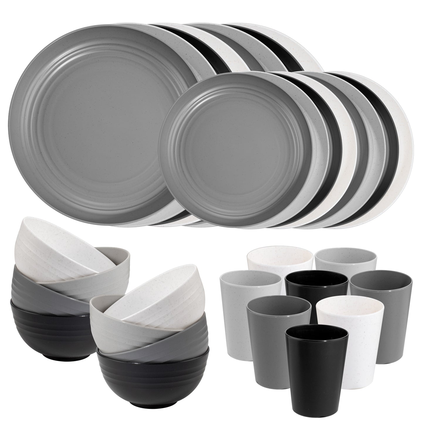 32pcs Wheat Straw Dinnerware Sets,Plates and Bowls Sets,Reusable Plastic Plates,Microwave Dishwasher Safe,Plastic Dinnerware Set,Four Color Set 16pcs Plates,8pcs Bowls,8pcs Cups