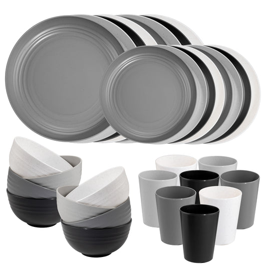 32pcs Wheat Straw Dinnerware Sets,Plates and Bowls Sets,Reusable Plastic Plates,Microwave Dishwasher Safe,Plastic Dinnerware Set,Four Color Set 16pcs Plates,8pcs Bowls,8pcs Cups