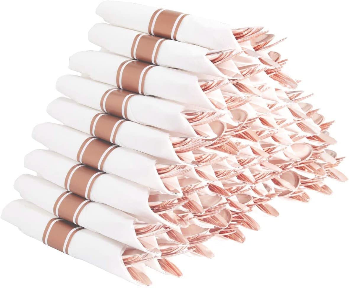 Set of 60 packs Rose Gold Silverware, Pre Rolled Silverware with Rose Gold, Wrapped Plastic Silverware,Rose Gold Cutlery,Heavy Weight Cutlery with Linen Napkin Suit for Wedding, Party