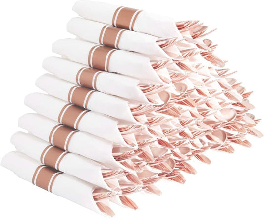Set of 60 packs Rose Gold Silverware, Pre Rolled Silverware with Rose Gold, Wrapped Plastic Silverware,Rose Gold Cutlery,Heavy Weight Cutlery with Linen Napkin Suit for Wedding, Party
