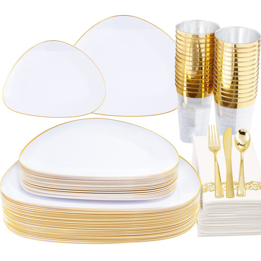 210pcs White and Gold Plates,Gold Plastic Dinnerware- Gold dinner plates,Plastic dessert plates,Gold Plastic Silverware,Gold Plastic Cups,Gold Napkins Perfect for Birthday