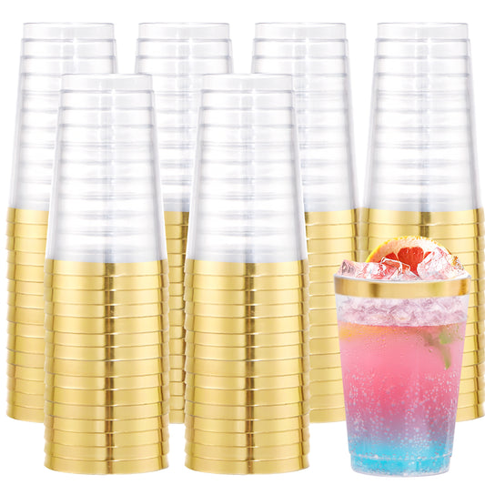 200pcs Gold Plastic Cups,12oz Party Cups,Clear Plastic Cups Tumblers,Elegant Gold Rimmed Plastic Cups,Disposable Cups for Wedding,Parties,Wine,Beer