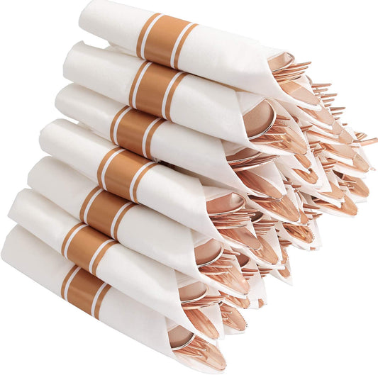 Set of 30packs,Rose Gold Plastic Silverware, Pre Rolled Napkin with Cutlery, Disposable Silverware with Rose Gold Linen Napkin, Wrapped Plastic Silverware Set Suit for Party,Wedding