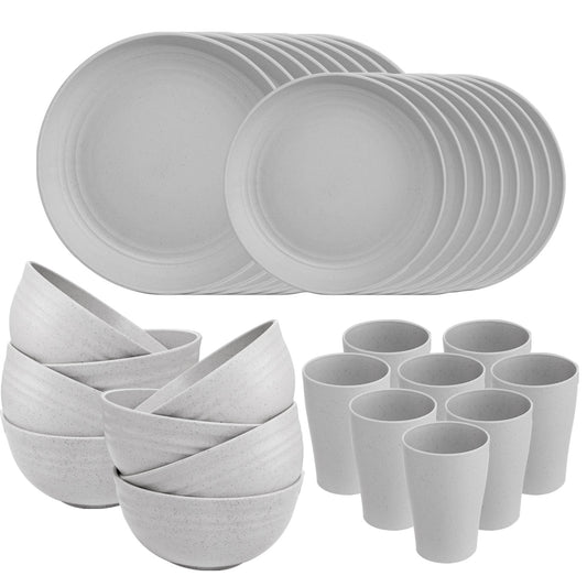 32pcs Wheat Straw Dinnerware Sets,Dinnerware Sets for 8,Plates and Bowls Sets,Reusable Tableware,Grey Dish Set 16pcs Plates, 8pcs Bowls, 8pcs Cups,Microwave Dishwasher Safe.