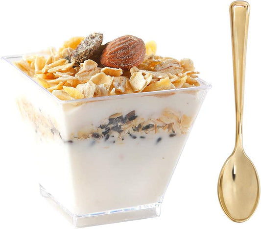2oz Square Plastic Mini Dessert Cups with Gold Spoons,Parfait Appetizer Cup,100pcs Cups,100pcs Gold Spoons,Perfect for Birthday,Party,Wedding
