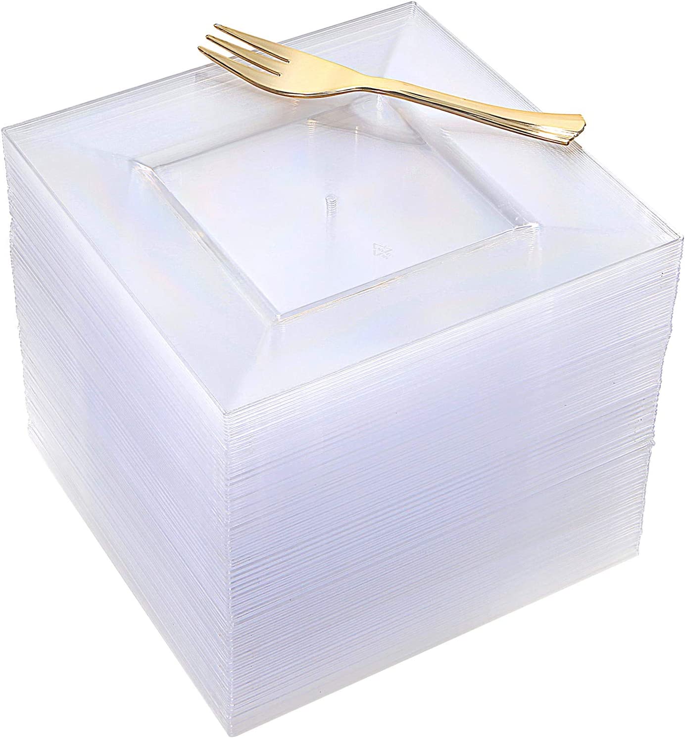 100pcs Square Dessert Plates with 100pcs Gold Dessert Forks, Clear Premium Plastic Salad Plates, Party Essentials Appetizer Plates,Gold Silverware, 6" Clear Plates and 5" Gold Forks