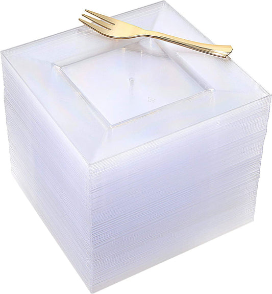 100pcs Square Dessert Plates with 100pcs Gold Dessert Forks, Clear Premium Plastic Salad Plates, Party Essentials Appetizer Plates,Gold Silverware, 6" Clear Plates and 5" Gold Forks