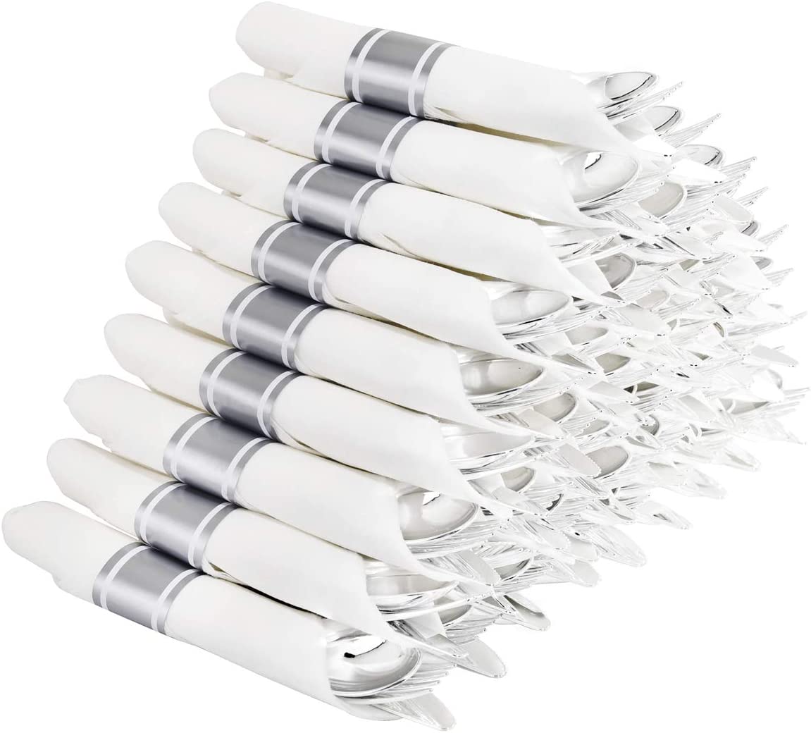 60 Pack Silver Plastic Silverware,Pre Rolled Silverware,Premium Disposable Silver Cutlery,Suit for Wedding,Catering Event,Birthday,Party