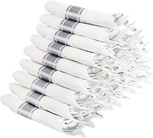 60 Pack Silver Plastic Silverware,Pre Rolled Silverware,Premium Disposable Silver Cutlery,Suit for Wedding,Catering Event,Birthday,Party