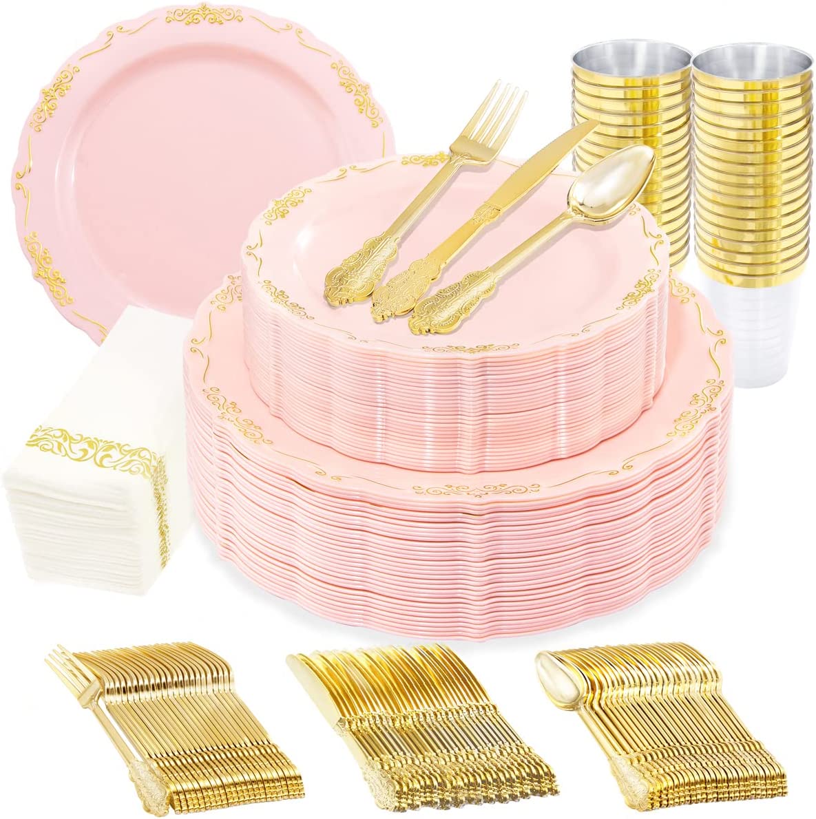 210 Pink Gold Plastic Plates ＆ Gold Plastic Silverware,Gold Plastic Cups,Dessert/Salad Plate with Gold Rim,Gold Cutlery,Gold Napkins,Suit for Mothers Day, Bridal Shower, Wedding,Party