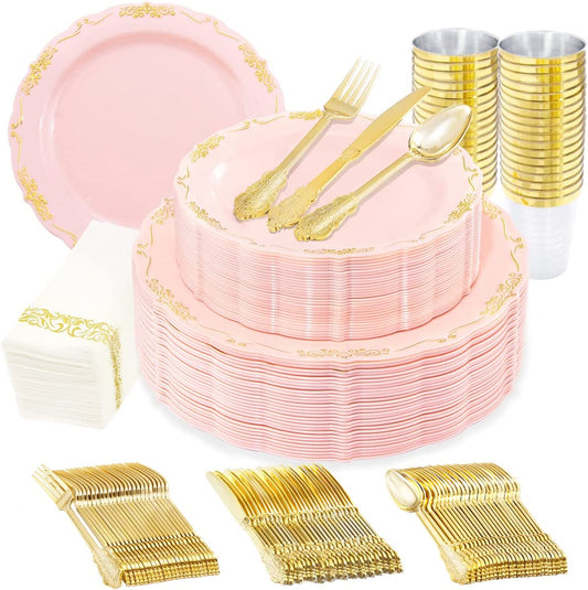210 Pink Gold Plastic Plates ＆ Gold Plastic Silverware,Gold Plastic Cups,Dessert/Salad Plate with Gold Rim,Gold Cutlery,Gold Napkins,Suit for Mothers Day, Bridal Shower, Wedding,Party