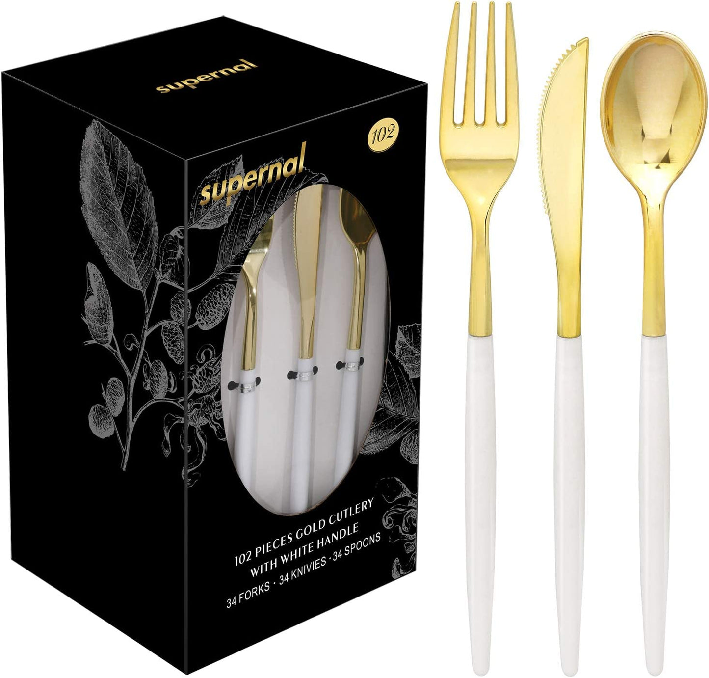102pcs Gold Plastic Cutlery, Durable Plastic silverware,Disposable Cutlerty with White Handle,Include 34 Forks,34 Knvies,34 Spoons, Suit for Wedding,Birthday,Party