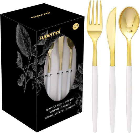 102pcs Gold Plastic Cutlery, Durable Plastic silverware,Disposable Cutlerty with White Handle,Include 34 Forks,34 Knvies,34 Spoons, Suit for Wedding,Birthday,Party