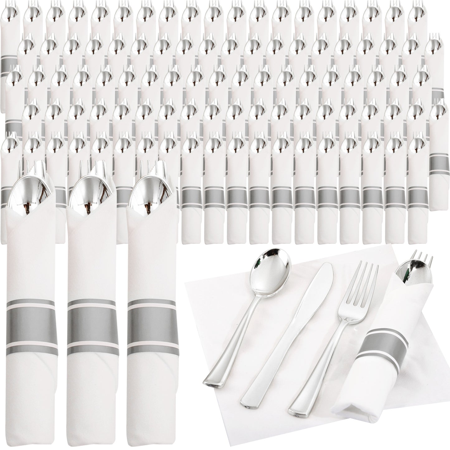 Silver Plastic Silverware,Rolled Plastic Silverware,Pre Rolled Napkins with Plastic Cutlery Set,Wrapped Plastic Cutlery Set with Napkin,Silverware Set Disposable Dinnerware Set 120 Guests